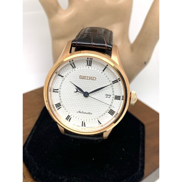 Seiko Men's Watch SRP772 Automatic White Dial Rose Gold Brown Leather Band 42mm - Picture 1 of 14